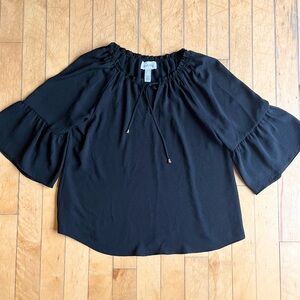 Joseph Ribkoff Black Ruffle Sleeve Drawstring Neckline Blouse Size 14